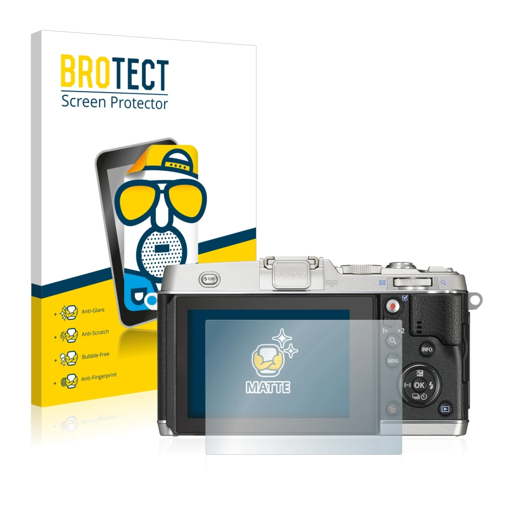 Parte frontal de un envase de producto con el logotipo de la marca BROTECT. Al lado se muestra el dispositivo Olympus PEN E-P5