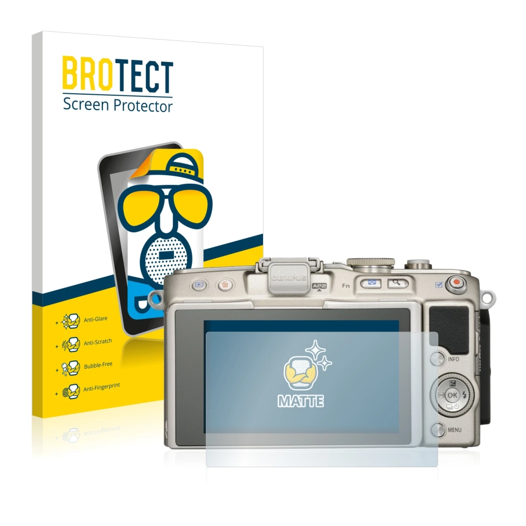 Parte frontal de un envase de producto con el logotipo de la marca BROTECT. Al lado se muestra el dispositivo Olympus PEN E-PL