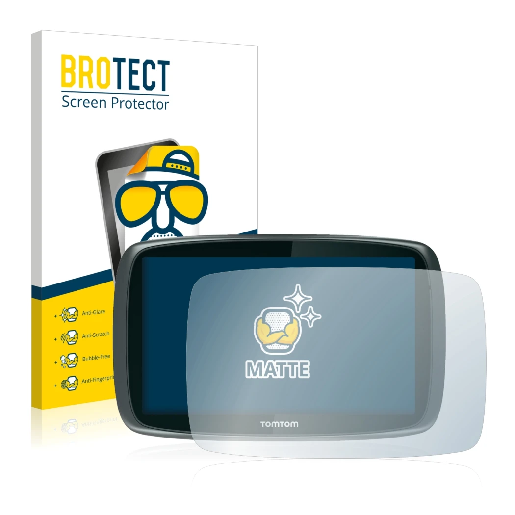 Parte frontal de un envase de producto con el logotipo de la marca BROTECT. Al lado se muestra el dispositivo TomTom GO 6000 c