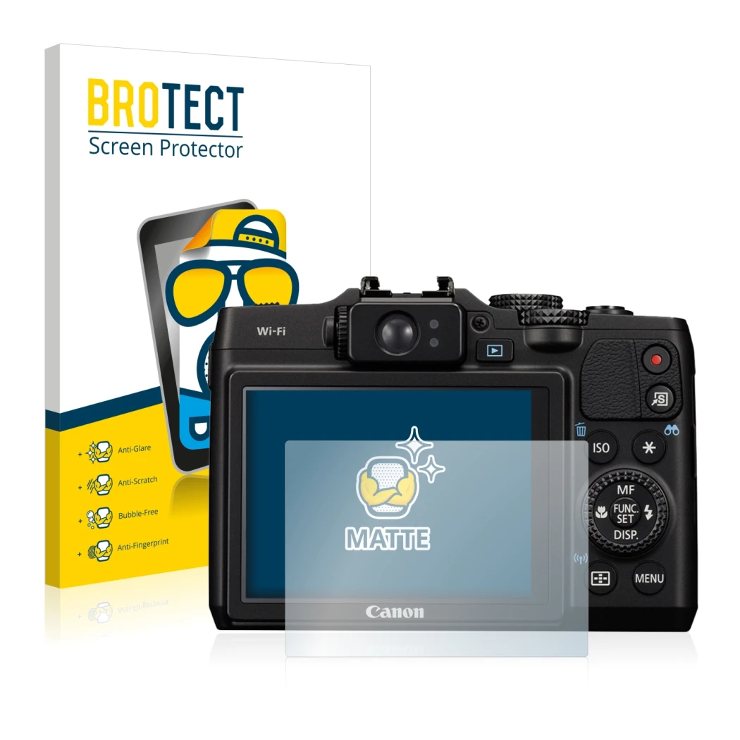 Parte frontal de un envase de producto con el logotipo de la marca BROTECT. Al lado se muestra el dispositivo Canon PowerShot 