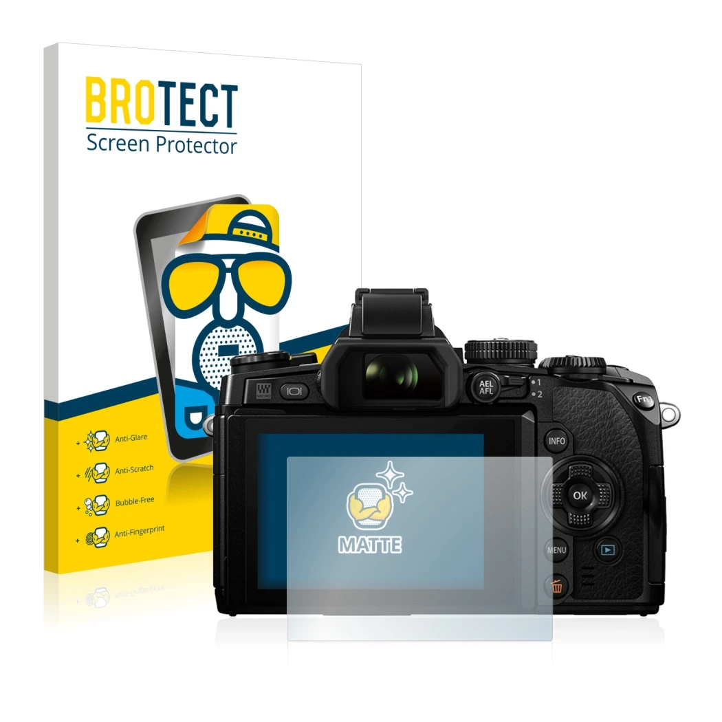 Parte frontal de un envase de producto con el logotipo de la marca BROTECT. Al lado se muestra el dispositivo Olympus OM-D E-M