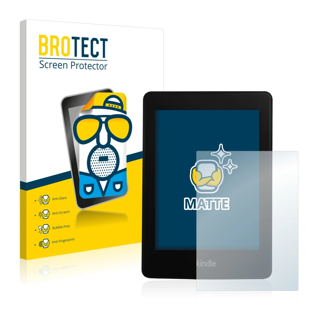 Parte frontal de un envase de producto con el logotipo de la marca BROTECT. Al lado se muestra el dispositivo Amazon Kindle Pa