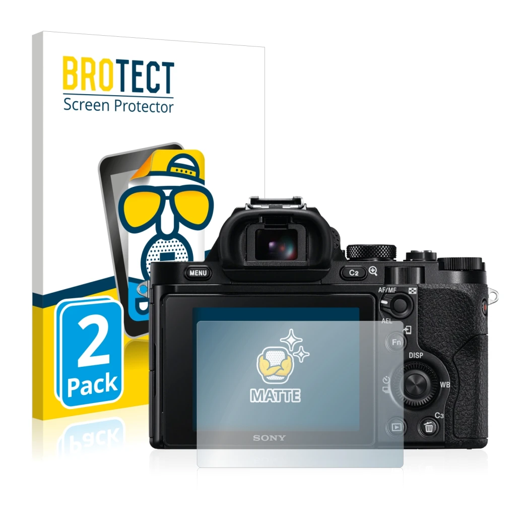 Parte frontal de un envase de producto con el logotipo de la marca BROTECT. Al lado se muestra el dispositivo Sony Alpha 7 (IL