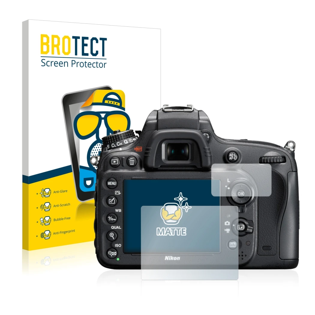 Parte frontal de un envase de producto con el logotipo de la marca BROTECT. Al lado se muestra el dispositivo Nikon D610 con s