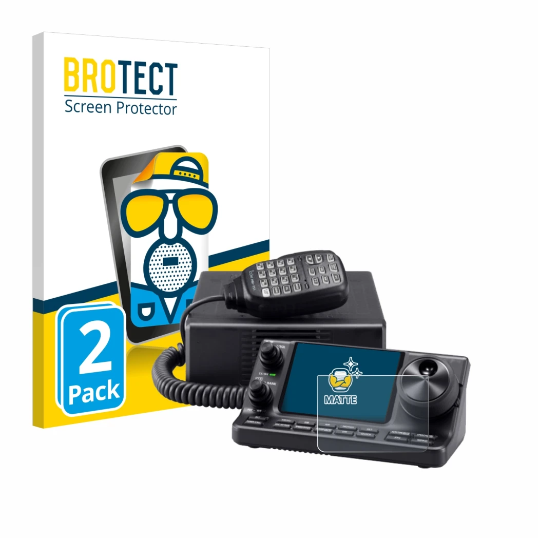 Parte frontal de un envase de producto con el logotipo de la marca BROTECT. Al lado se muestra el dispositivo Icom IC-7100 con