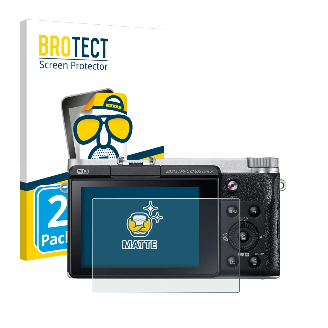 Parte frontal de un envase de producto con el logotipo de la marca BROTECT. Al lado se muestra el dispositivo Samsung NX300M c
