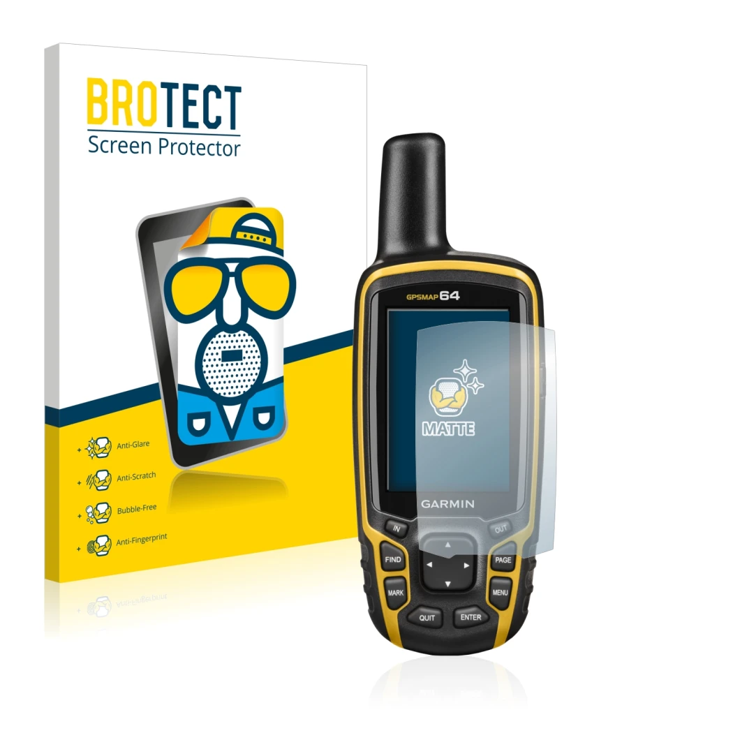 Parte frontal de un envase de producto con el logotipo de la marca BROTECT. Al lado se muestra el dispositivo Garmin GPSMAP 64