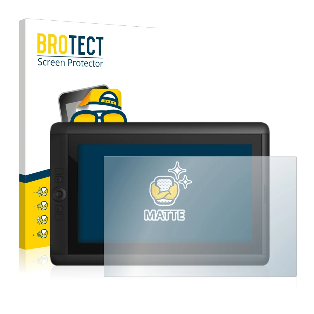 Parte frontal de un envase de producto con el logotipo de la marca BROTECT. Al lado se muestra el dispositivo Wacom Cintiq 13
