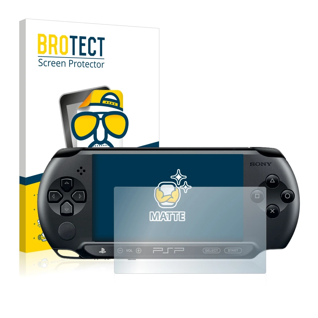 Parte frontal de un envase de producto con el logotipo de la marca BROTECT. Al lado se muestra el dispositivo Sony PSP 2000 co