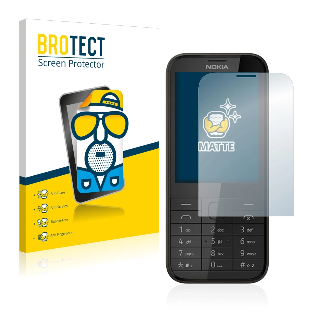 Parte frontal de un envase de producto con el logotipo de la marca BROTECT. Al lado se muestra el dispositivo Nokia 225 con su
