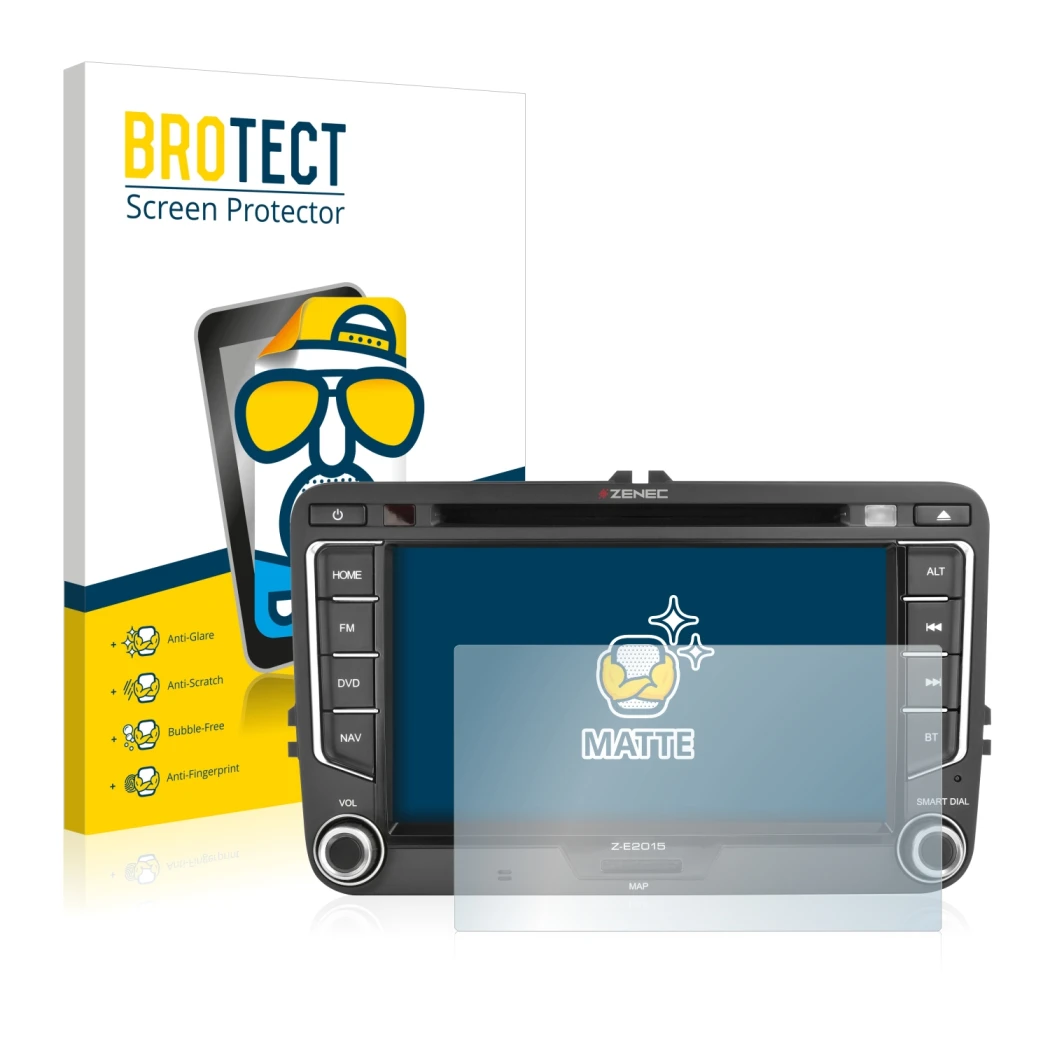 Parte frontal de un envase de producto con el logotipo de la marca BROTECT. Al lado se muestra el dispositivo Zenec Z-E2015 co