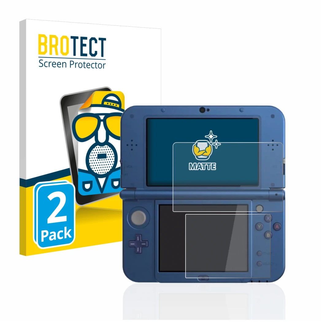 Parte frontal de un envase de producto con el logotipo de la marca BROTECT. Al lado se muestra el dispositivo Nintendo New 3DS