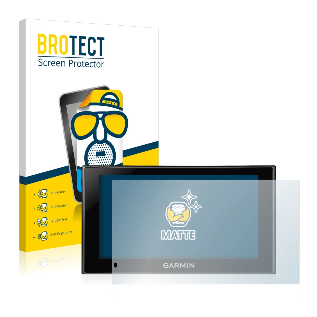 Parte frontal de un envase de producto con el logotipo de la marca BROTECT. Al lado se muestra el dispositivo Garmin nüvi 2599