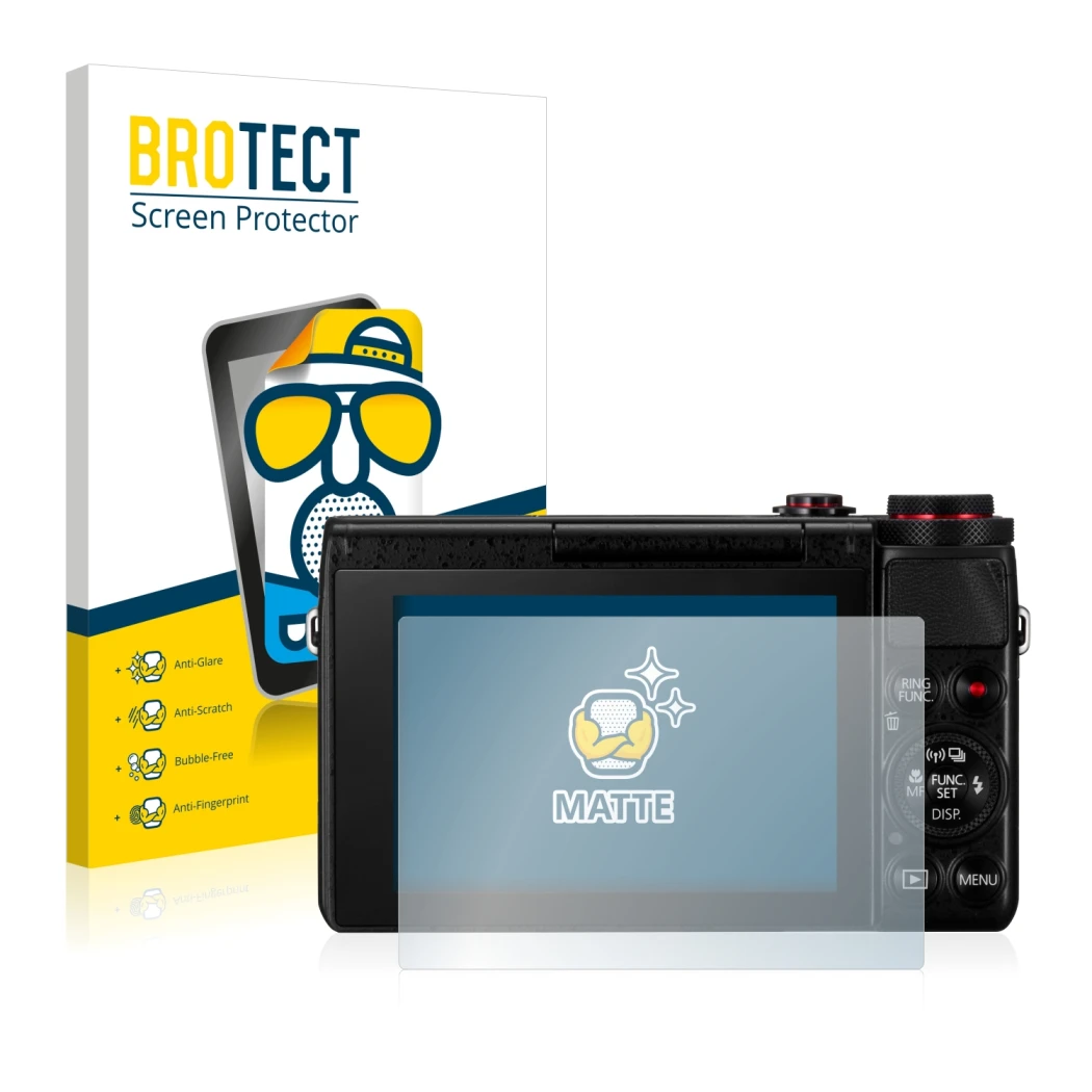 Parte frontal de un envase de producto con el logotipo de la marca BROTECT. Al lado se muestra el dispositivo Canon PowerShot 