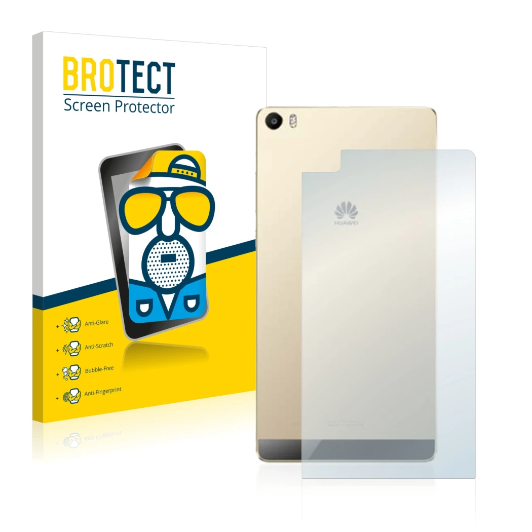 Parte frontal de un envase de producto con el logotipo de la marca BROTECT. Al lado se muestra el dispositivo Huawei P8 Max (T