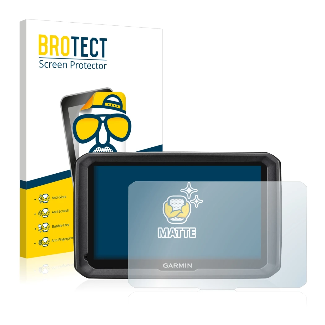 Parte frontal de un envase de producto con el logotipo de la marca BROTECT. Al lado se muestra el dispositivo Garmin dezl 770 