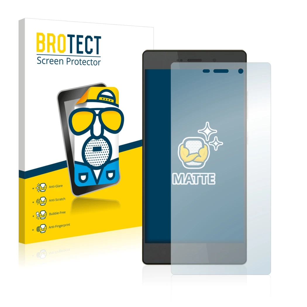 Parte frontal de un envase de producto con el logotipo de la marca BROTECT. Al lado se muestra el dispositivo Hisense H910 con