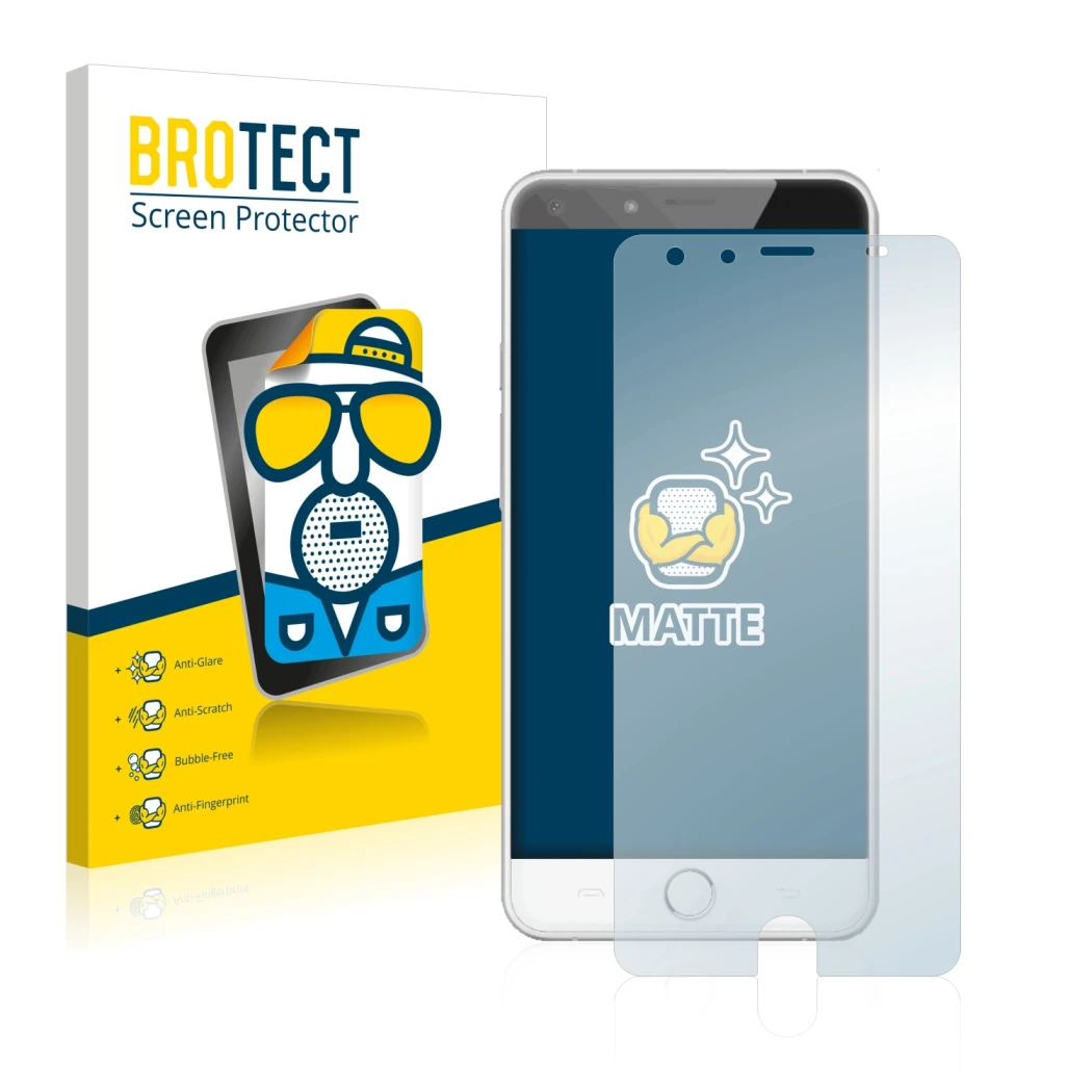 Parte frontal de un envase de producto con el logotipo de la marca BROTECT. Al lado se muestra el dispositivo Ulefone Be Touch