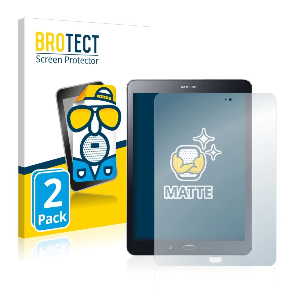 Parte frontal de un envase de producto con el logotipo de la marca BROTECT. Al lado se muestra el dispositivo Samsung Galaxy T