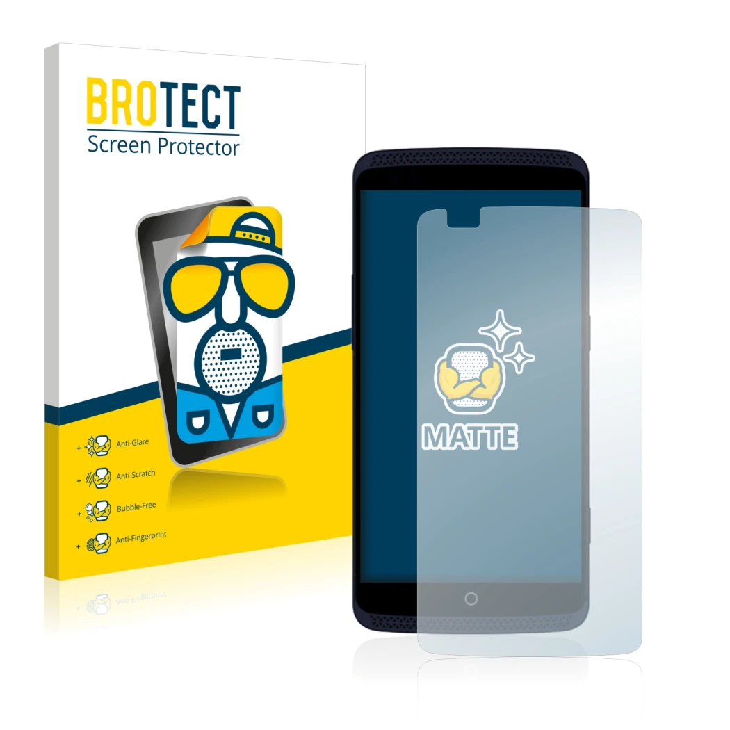 Parte frontal de un envase de producto con el logotipo de la marca BROTECT. Al lado se muestra el dispositivo ZTE Axon Pro con