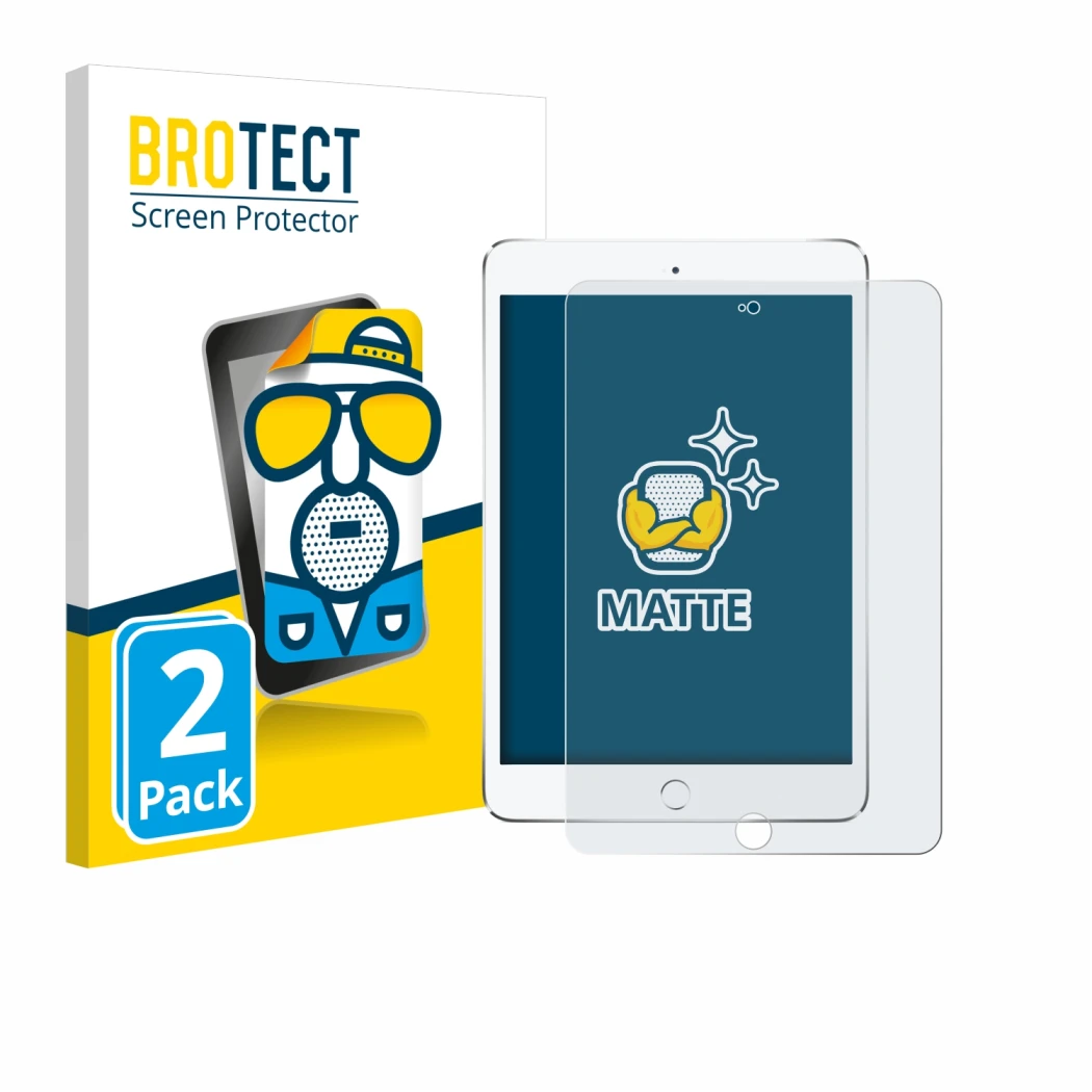 Parte frontal de un envase de producto con el logotipo de la marca BROTECT. Al lado se muestra el dispositivo Apple iPad Mini