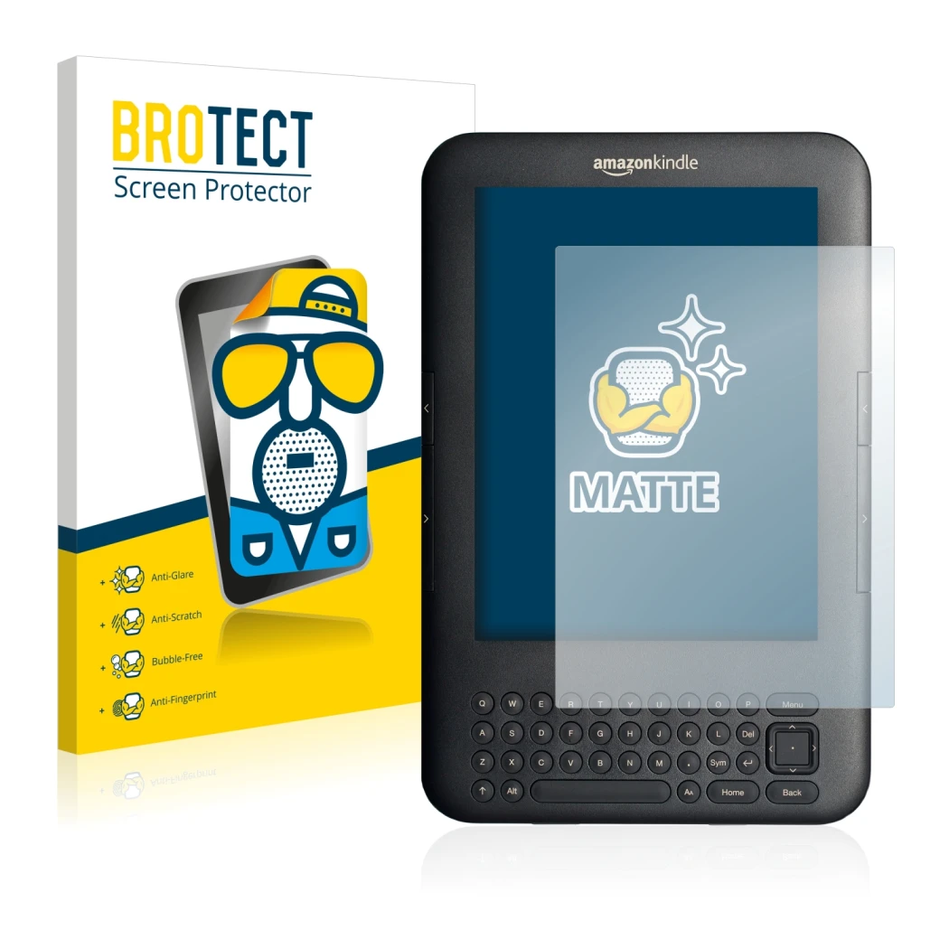 Parte frontal de un envase de producto con el logotipo de la marca BROTECT. Al lado se muestra el dispositivo Amazon Kindle 3
