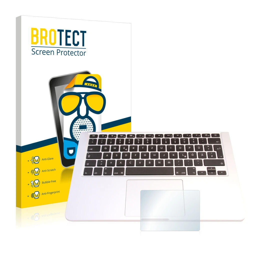 Parte frontal de un envase de producto con el logotipo de la marca BROTECT. Al lado se muestra el dispositivo Apple MacBook Pr