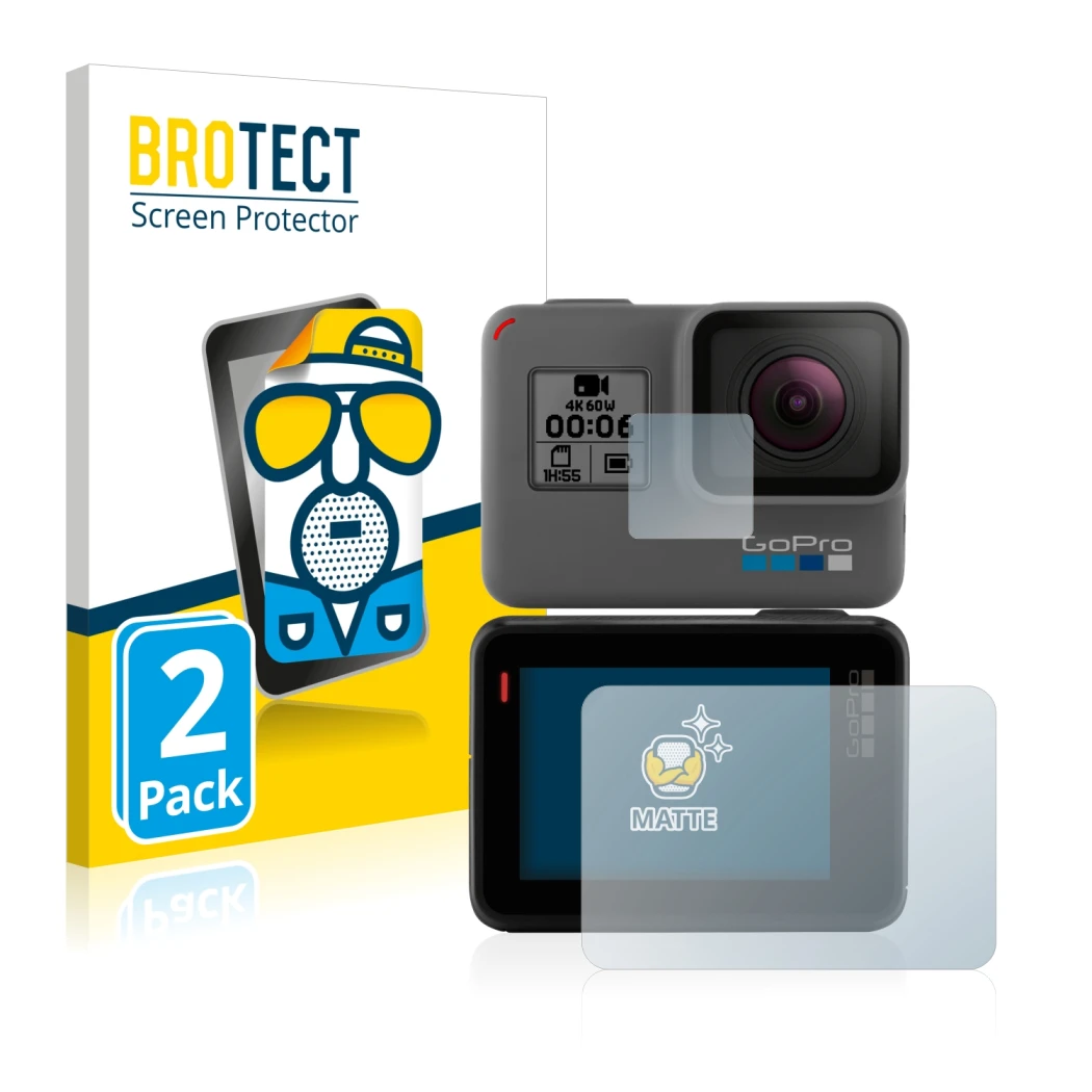 Parte frontal de un envase de producto con el logotipo de la marca BROTECT. Al lado se muestra el dispositivo GoPro Hero 5 Bla