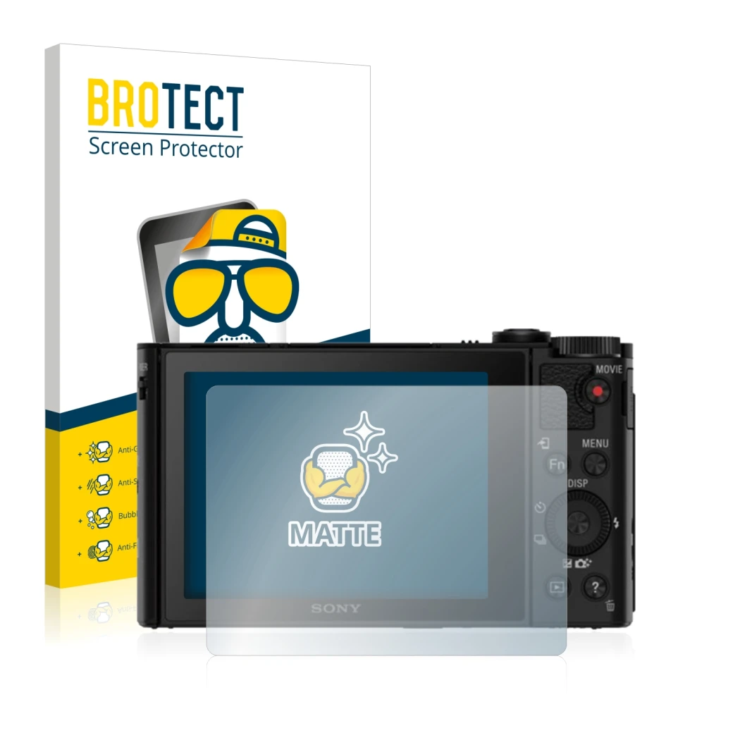 Parte frontal de un envase de producto con el logotipo de la marca BROTECT. Al lado se muestra el dispositivo Sony Cyber-Shot 