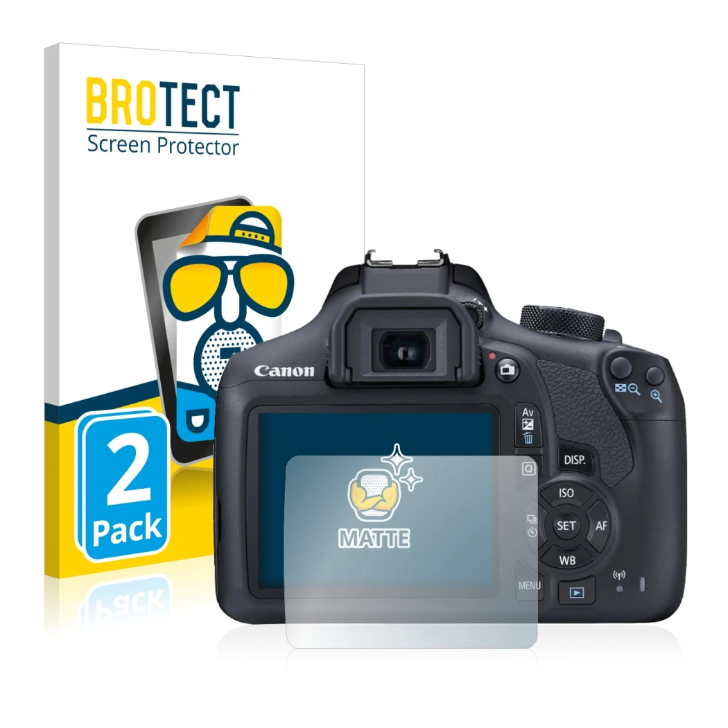 Parte frontal de un envase de producto con el logotipo de la marca BROTECT. Al lado se muestra el dispositivo Canon EOS 1300D
