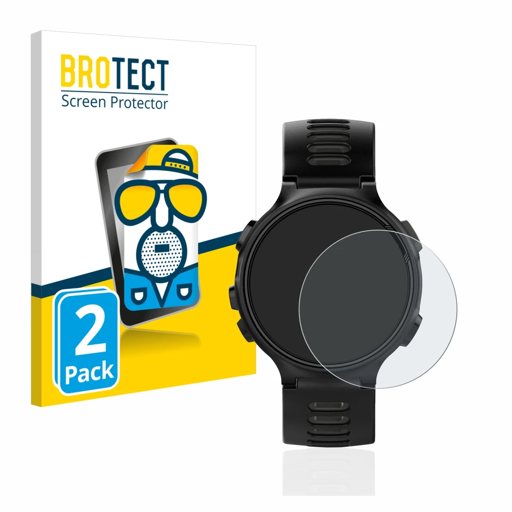 Parte frontal de un envase de producto con el logotipo de la marca BROTECT. Al lado se muestra el dispositivo Garmin Forerunne