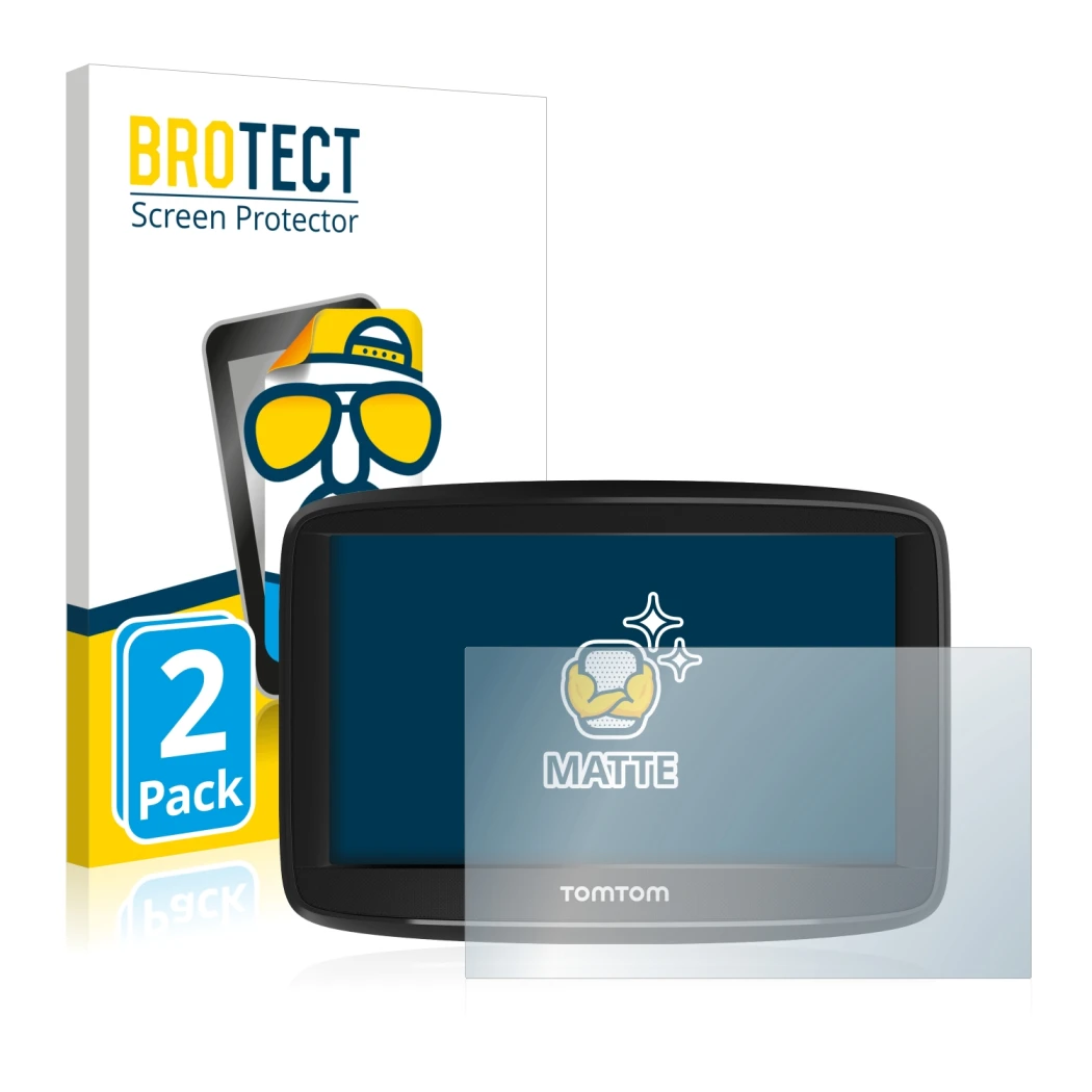 Parte frontal de un envase de producto con el logotipo de la marca BROTECT. Al lado se muestra el dispositivo TomTom Start 52 