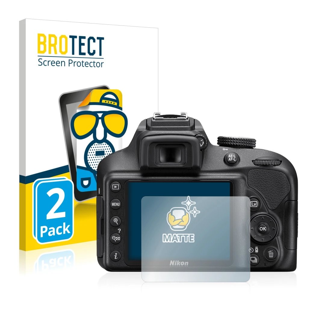 Parte frontal de un envase de producto con el logotipo de la marca BROTECT. Al lado se muestra el dispositivo Nikon D3400 con