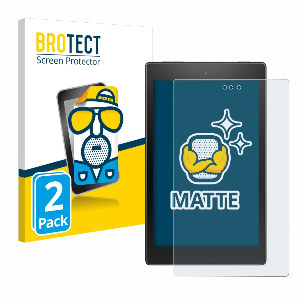 Parte frontal de un envase de producto con el logotipo de la marca BROTECT. Al lado se muestra el dispositivo Amazon Fire HD 8