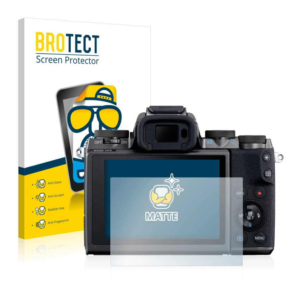 Parte frontal de un envase de producto con el logotipo de la marca BROTECT. Al lado se muestra el dispositivo Canon EOS M5 con