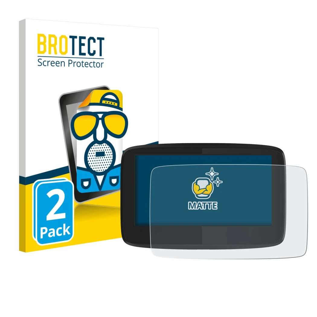 Parte frontal de un envase de producto con el logotipo de la marca BROTECT. Al lado se muestra el dispositivo TomTom GO 620 co