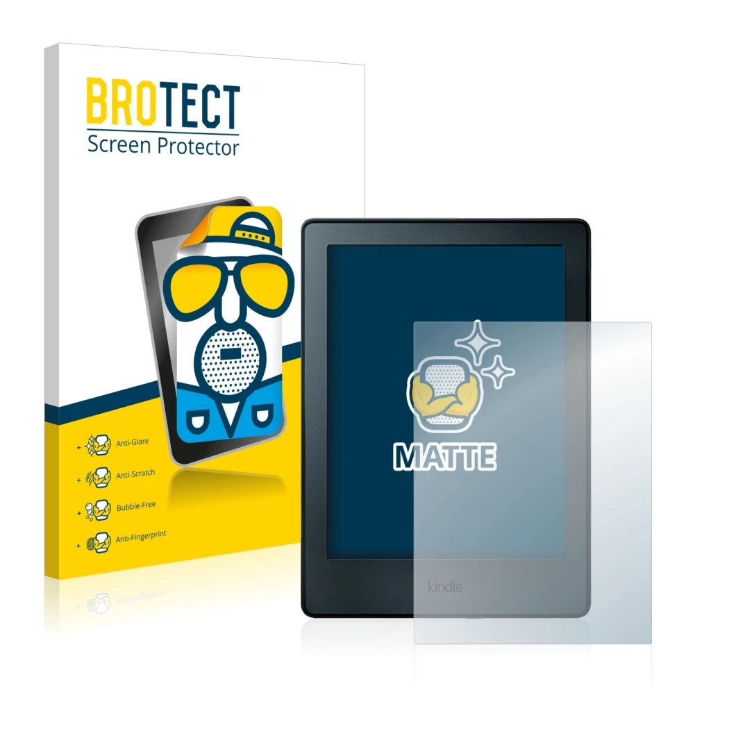 Parte frontal de un envase de producto con el logotipo de la marca BROTECT. Al lado se muestra el dispositivo Amazon Kindle 20