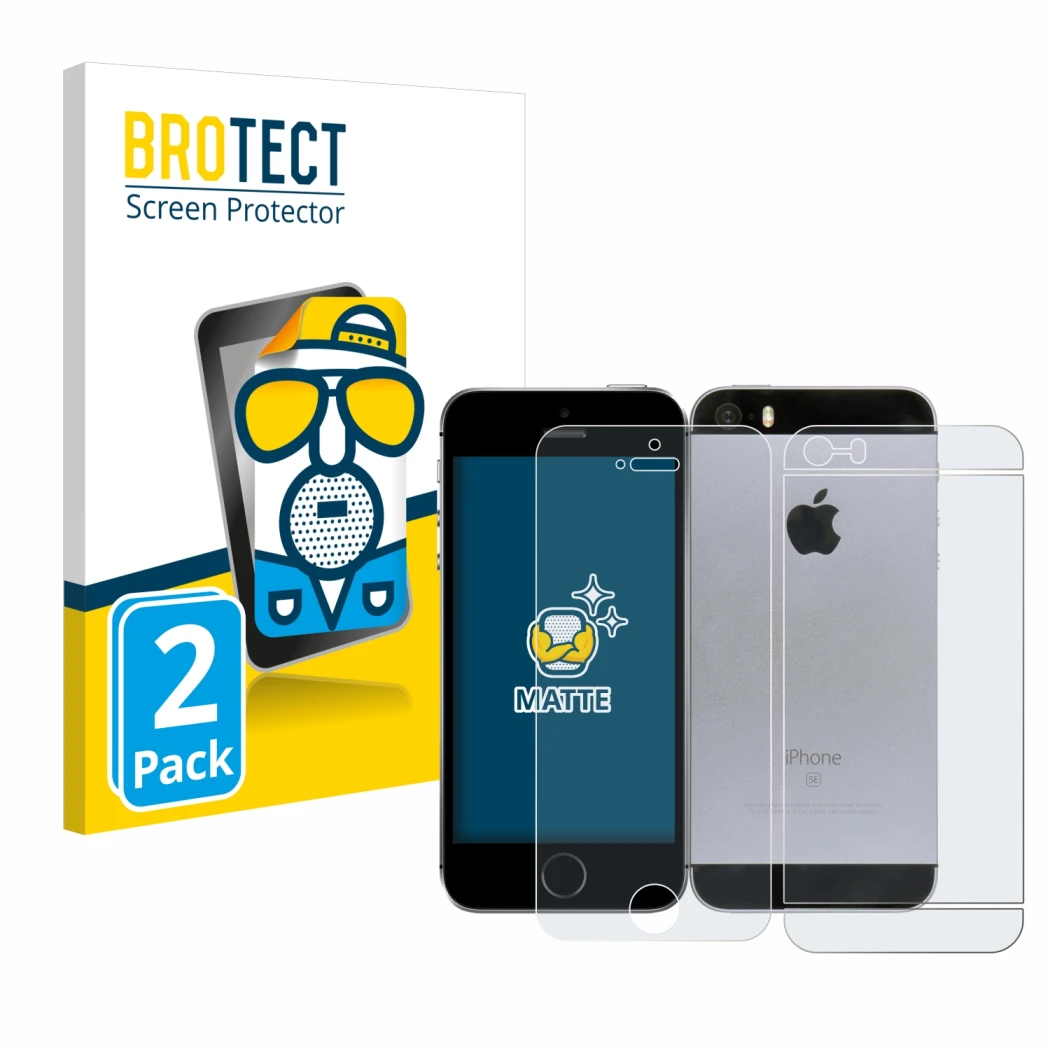 Parte frontal de un envase de producto con el logotipo de la marca BROTECT. Al lado se muestra el dispositivo Apple iPhone SE 