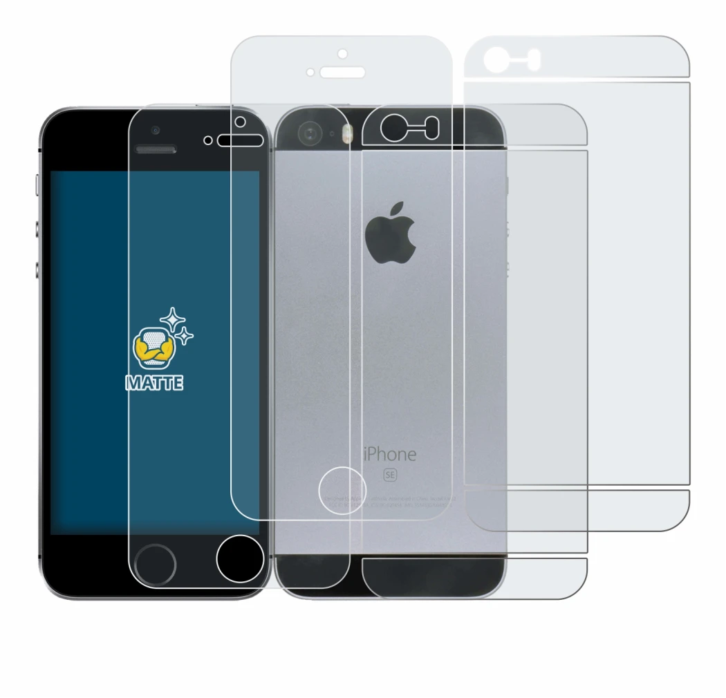 Imagen del dispositivo Apple iPhone SE 2016 (Frontal+Trasero) con una amplia variedad de protectores de pantalla.