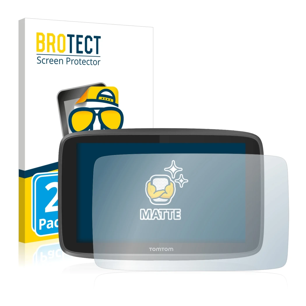 Parte frontal de un envase de producto con el logotipo de la marca BROTECT. Al lado se muestra el dispositivo TomTom Go 6200 c