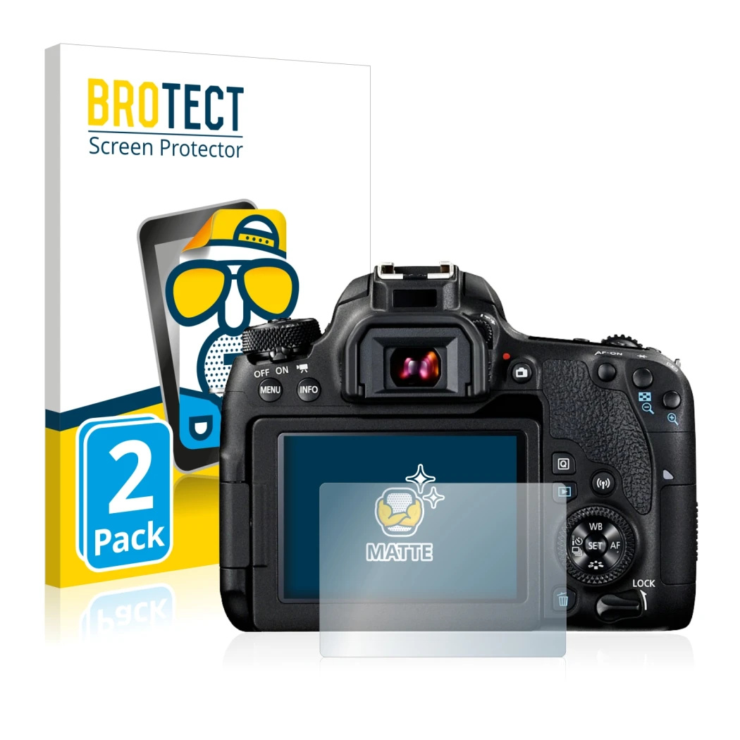 Parte frontal de un envase de producto con el logotipo de la marca BROTECT. Al lado se muestra el dispositivo Canon EOS 77D co