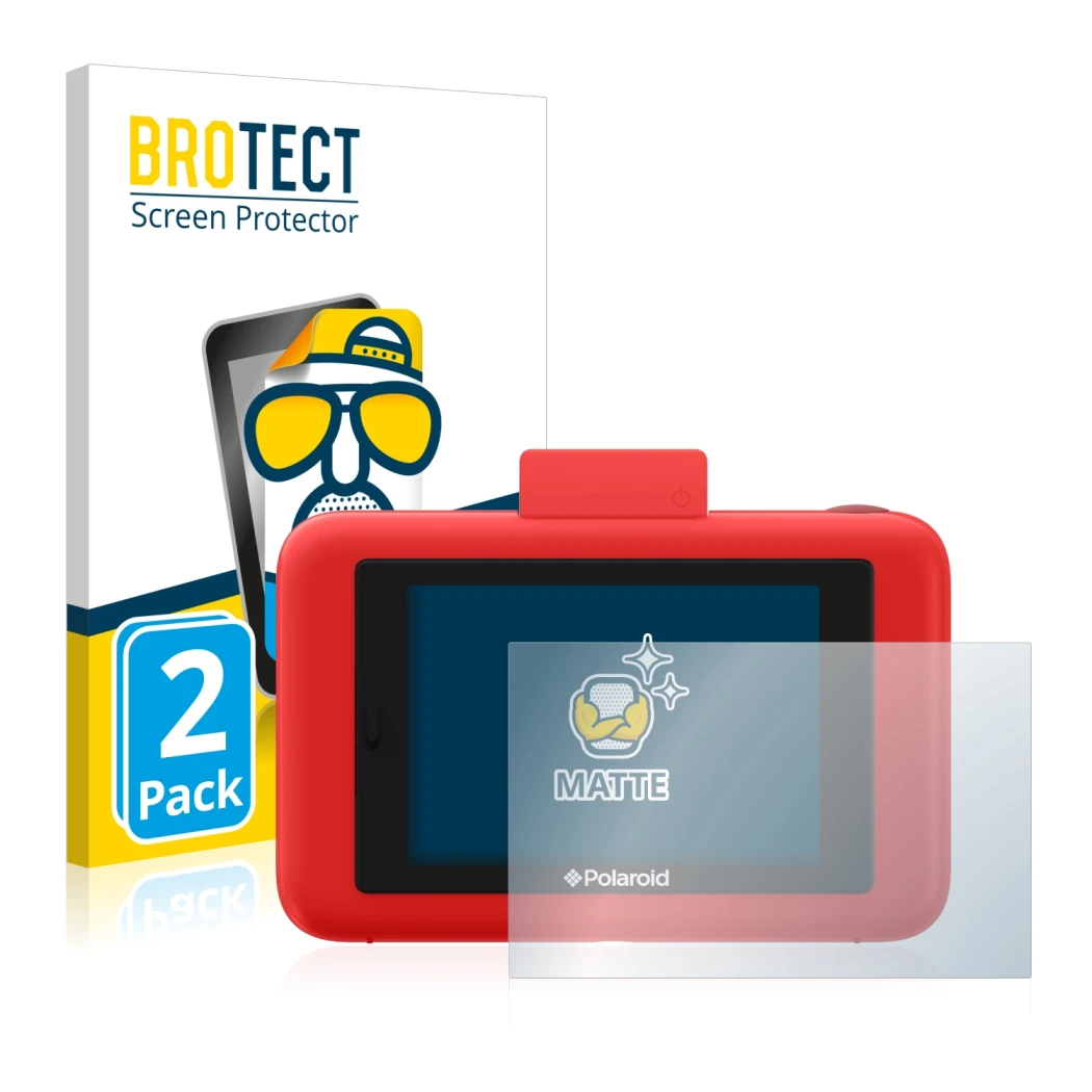 Parte frontal de un envase de producto con el logotipo de la marca BROTECT. Al lado se muestra el dispositivo Polaroid Snap To