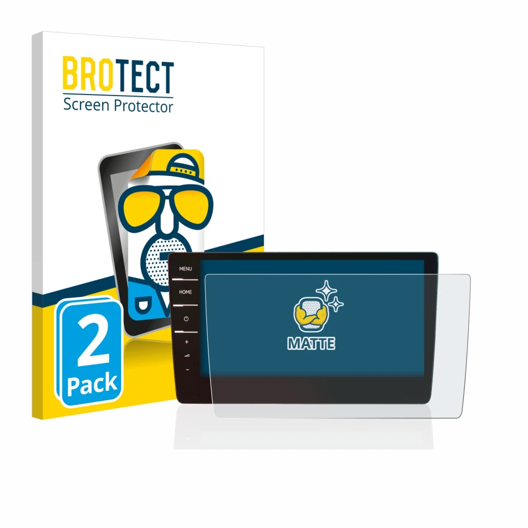 Parte frontal de un envase de producto con el logotipo de la marca BROTECT. Al lado se muestra el dispositivo Volkswagen Golf 