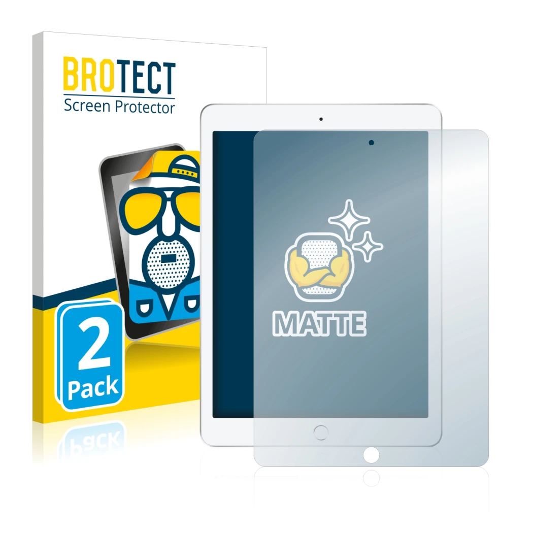 Parte frontal de un envase de producto con el logotipo de la marca BROTECT. Al lado se muestra el dispositivo Apple iPad 9.7 2