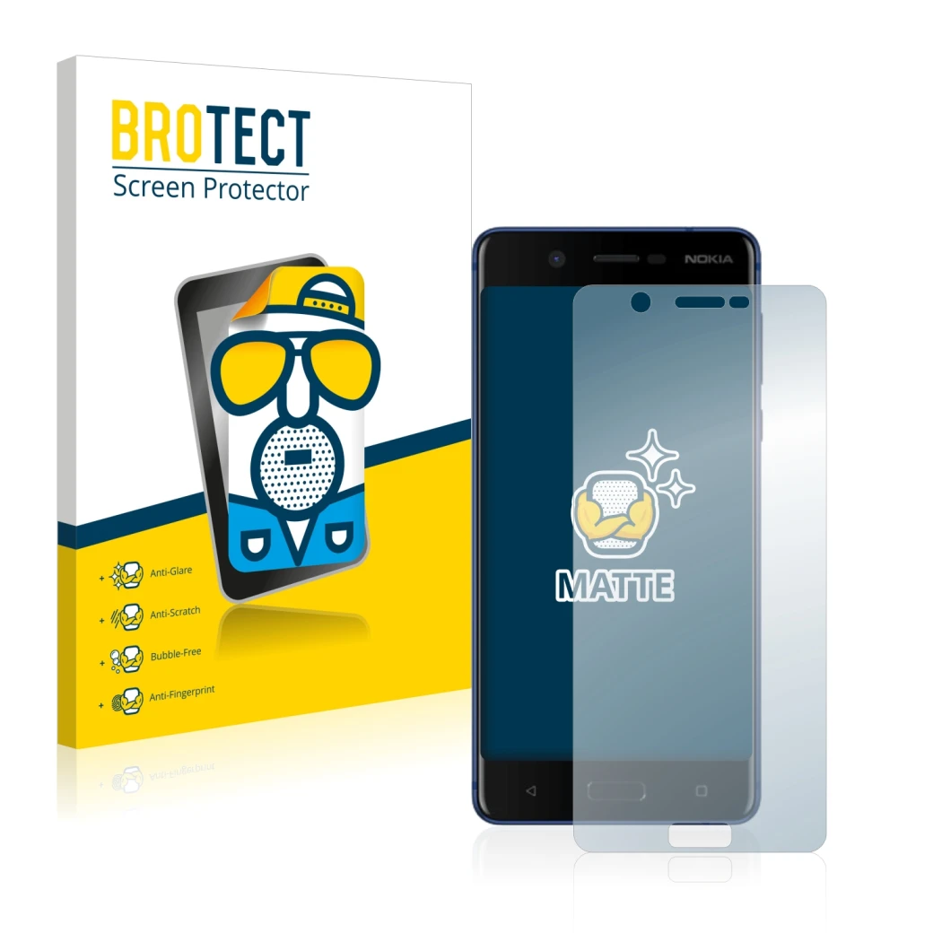 Parte frontal de un envase de producto con el logotipo de la marca BROTECT. Al lado se muestra el dispositivo Nokia 5 con su p
