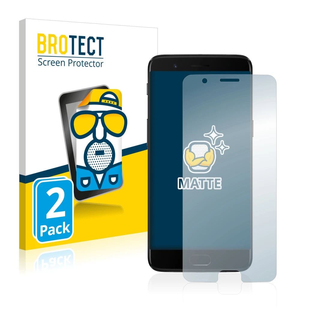 Parte frontal de un envase de producto con el logotipo de la marca BROTECT. Al lado se muestra el dispositivo OnePlus 5 con su