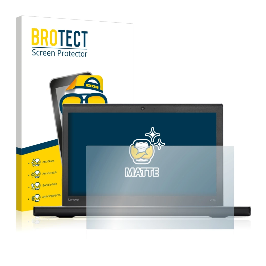 Parte frontal de un envase de producto con el logotipo de la marca BROTECT. Al lado se muestra el dispositivo Lenovo ThinkPad 