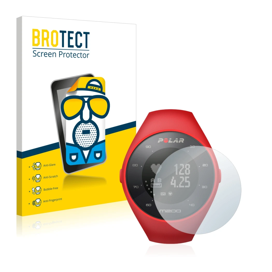 Parte frontal de un envase de producto con el logotipo de la marca BROTECT. Al lado se muestra el dispositivo Polar M200 con s