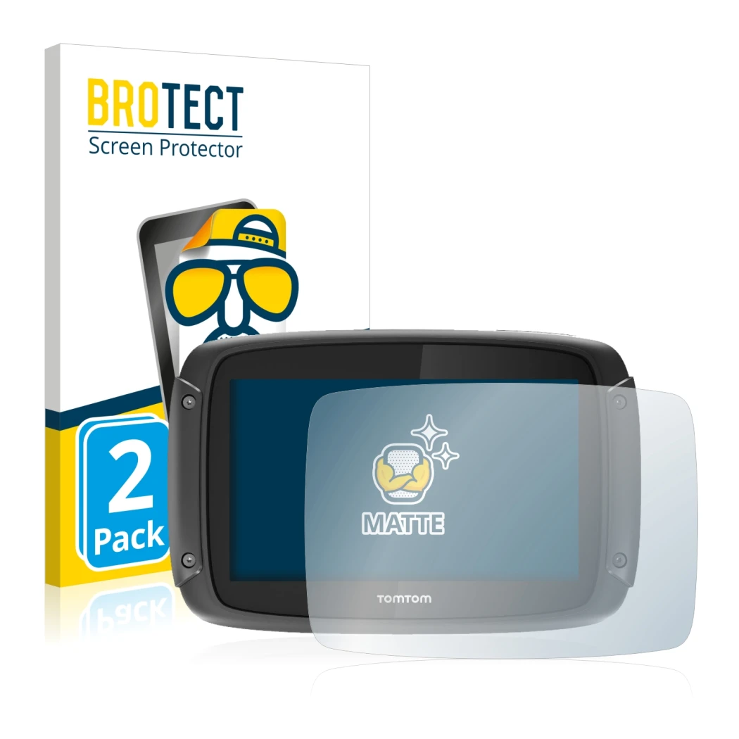 Parte frontal de un envase de producto con el logotipo de la marca BROTECT. Al lado se muestra el dispositivo TomTom Rider 450