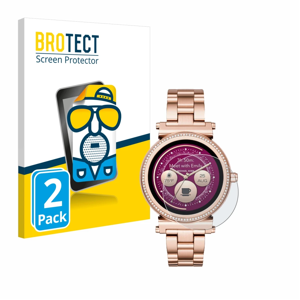 Parte frontal de un envase de producto con el logotipo de la marca BROTECT. Al lado se muestra el dispositivo Michael Kors Acc